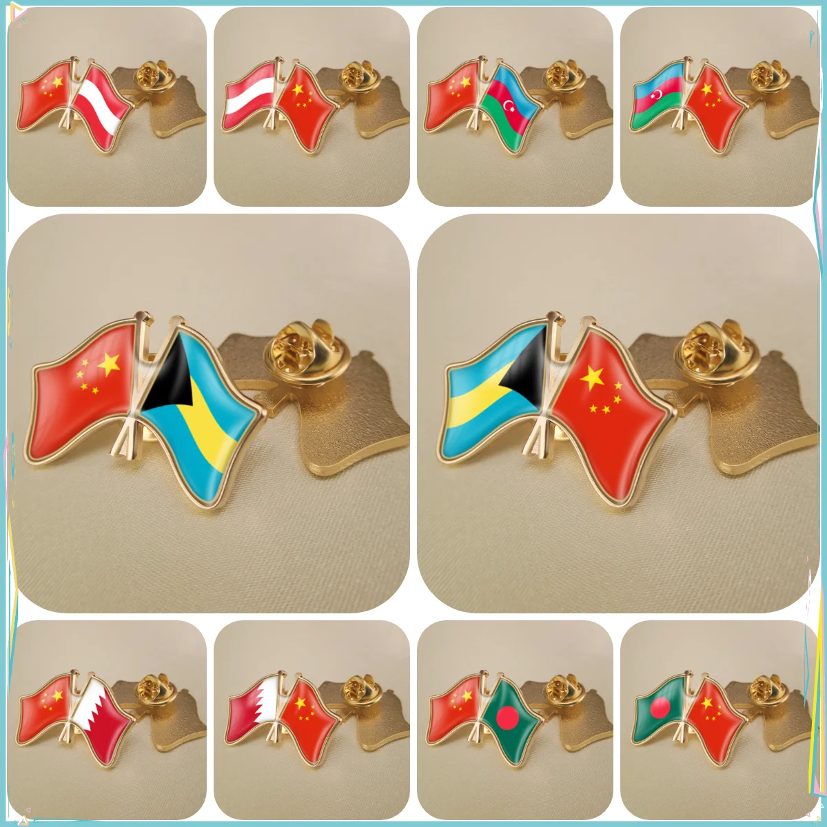 China and Austria Azerbaijan Bahamas Bahrain Bangladesh Crossed Double Friendship Flags Lapel Pins Brooch Badges