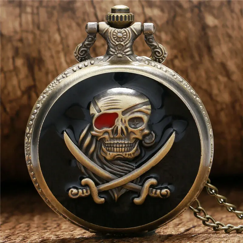 

Vintage Bronze Skull Pirate Quartz Pocket Watches with Necklace Chain for Men