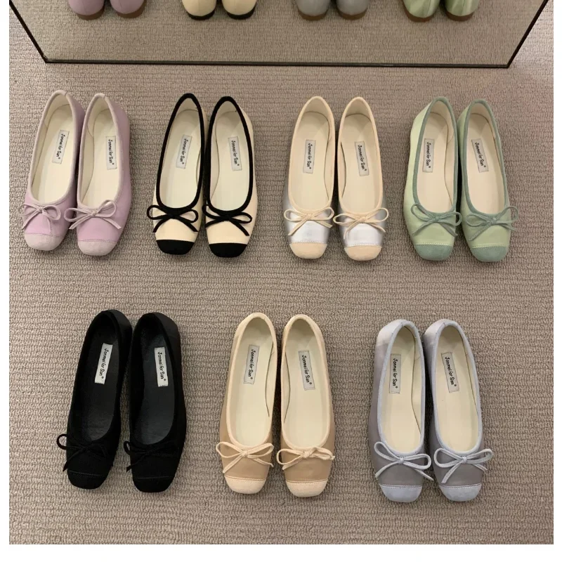 Elegant Woman Classic Square Toe Bowtie Ballerina Flats Ladies Soft Loafers Comfortable Low Heels Shallow Mouth Ballet Shoes