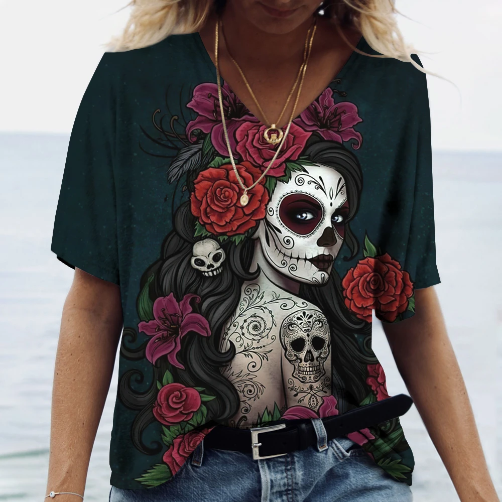 Funny 3D Skull Print T Shirt For Women Summer Hot Sale Short Sleeve Tops Fashion V-neck Women\'s T-Shirts Casual Loose Female Tee