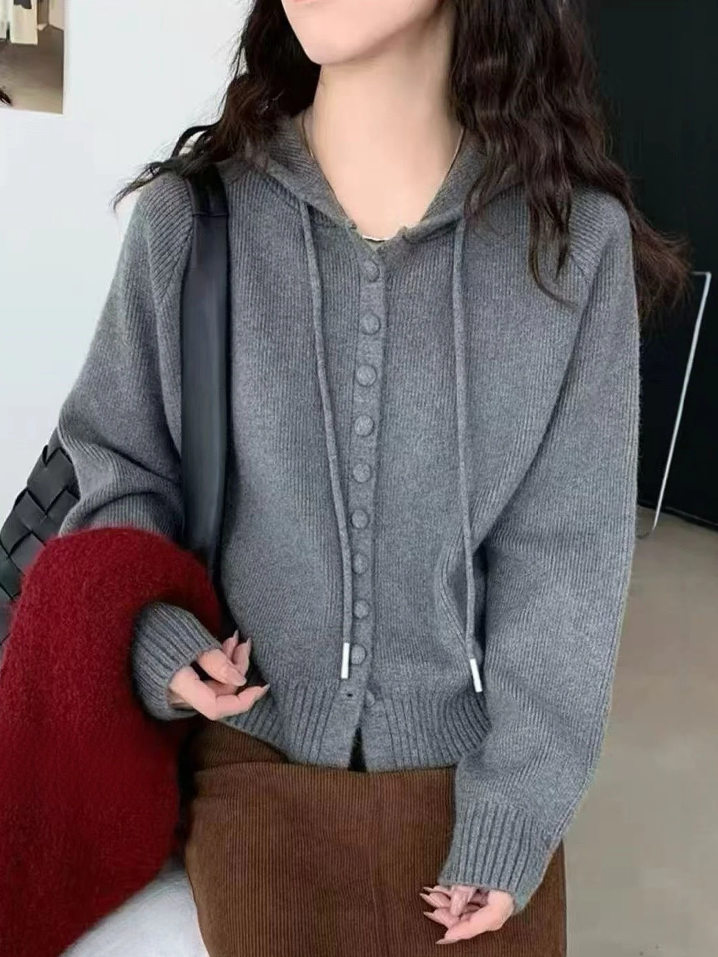 Cárdigan de punto gris con capucha para mujer, estilo corto, moda primavera, ropa de mujer, fibra de poliéster suave, manga l...