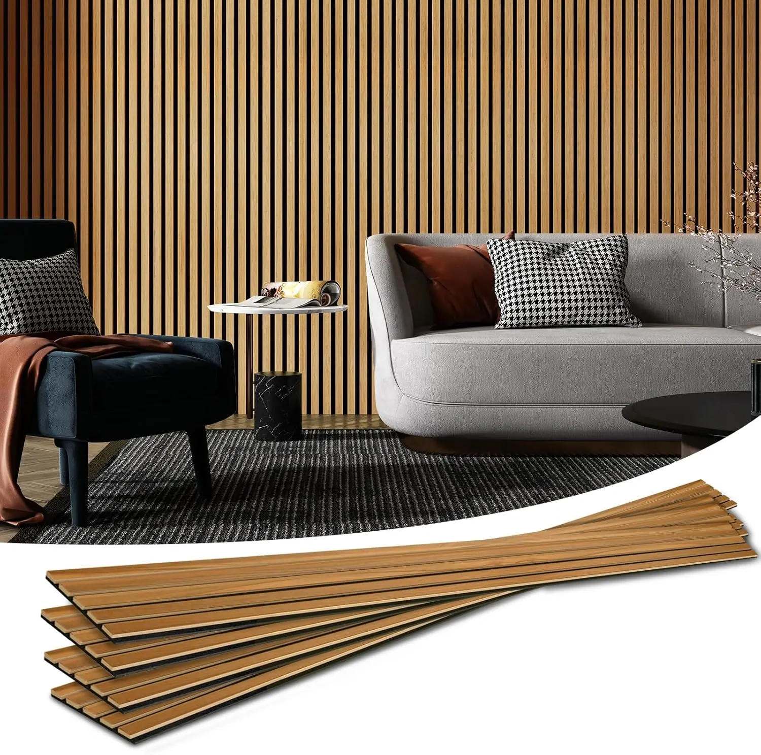 

Acoustic Wood Slat Wall Panels 4-Pack, 3D Fluted Sound Absorbing Paneling for Accent Wall Ceiling Kitchen Living Room Bedroom