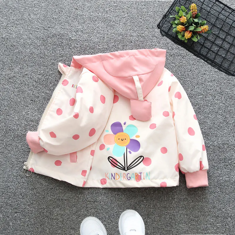 Spring Autumn Girls Coat Cartoon Sunflower Pattern Full Print Dots Cute Hooded Windbreaker For Kids Children Birthday Present