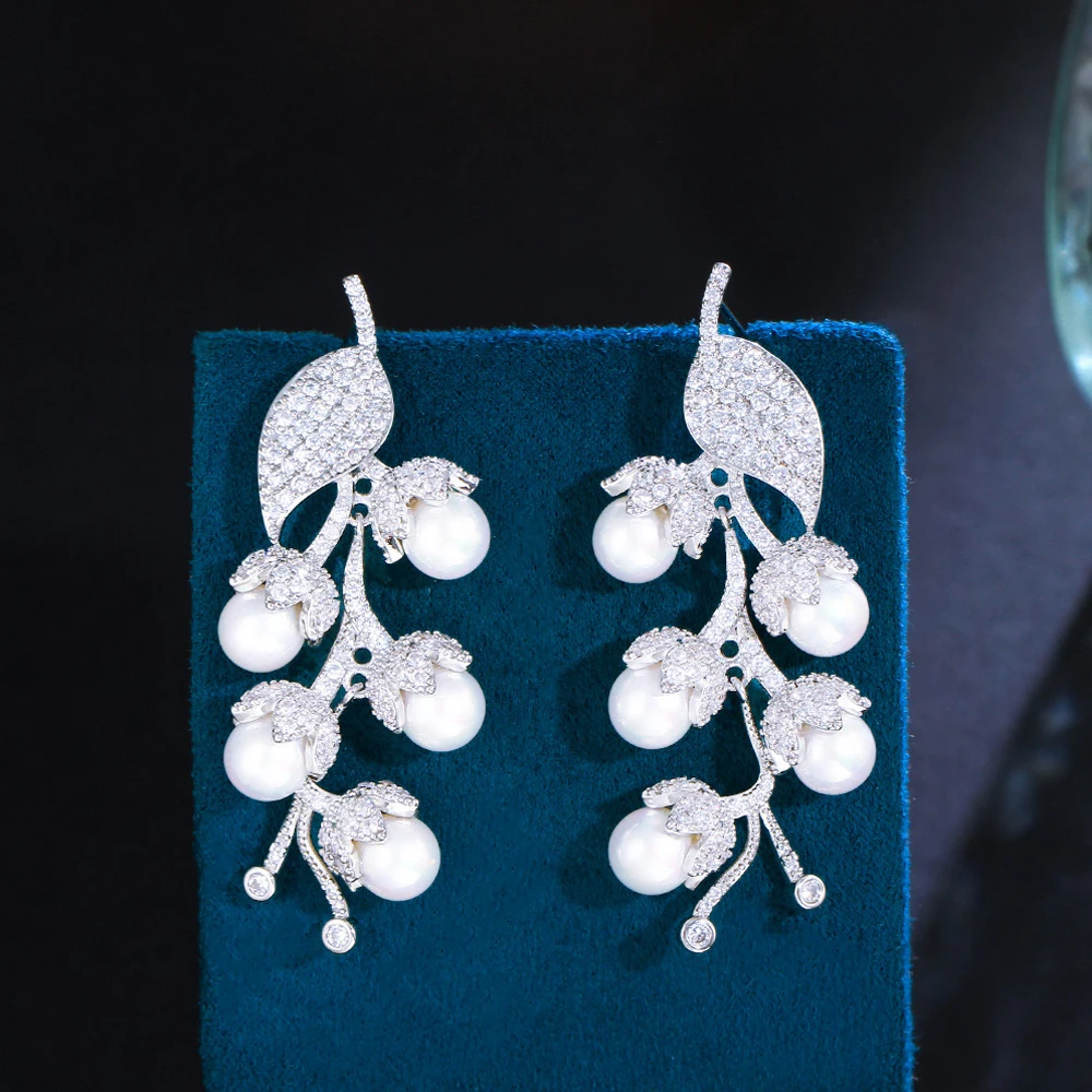 

BeaQueen Shiny Long Pearl Cluster Drop Statement Bridal Earrings for Wedding Women Clear White Cubic Zircon Setting Jewelry E638