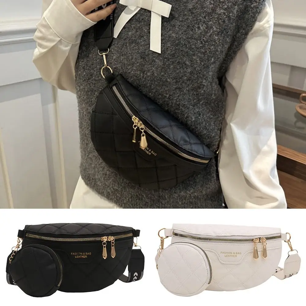 

Elegant PU Leather Crossbody Chest Bag Stylish Chain Zipper Wide Strap Fanny Pack Woven Lattice Pattern Waist Packs Sport
