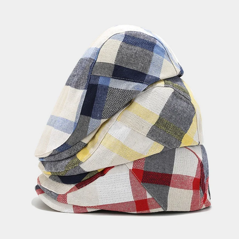 Unisex Red Blue Plaid Linen Flat Cap Casual Adjustable Vintage Ivy Newsboy Hat
