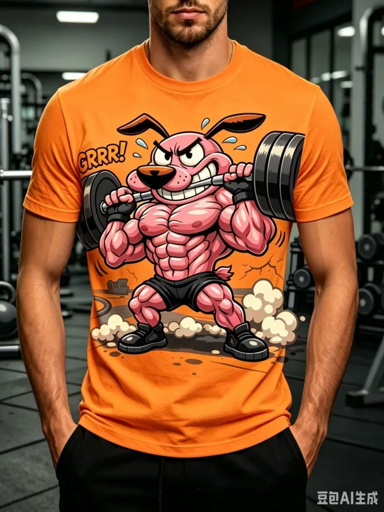 Fashion New Men's Muscular Dog Lifting Weights Print T-shirt Crew Neck Short Sleeve Gym Casual Streetwear Tee Tops