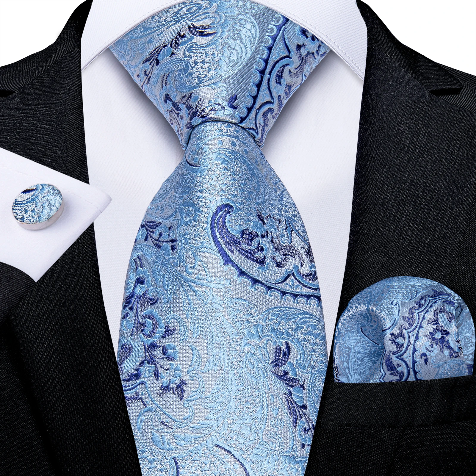 Light Blue Paisley Striped Silk Ties For Men Handkerchief Cufflinks Wedding Accessories Neck Tie Set Gift For Men DiBanGu