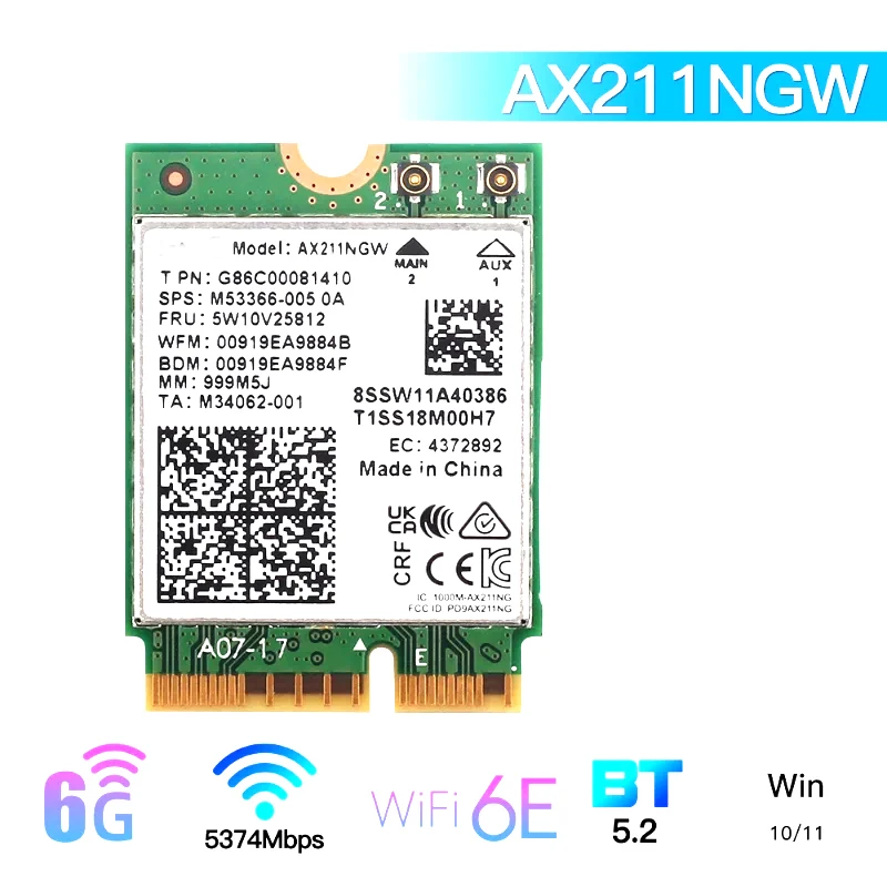 

WiFi 6E AX211NGW Tri Band 2.4G/5G/6Ghz Wireless Network Wifi Card Adapter For BT 5.2 AX211 M.2 KeyE CNVio2 Win10