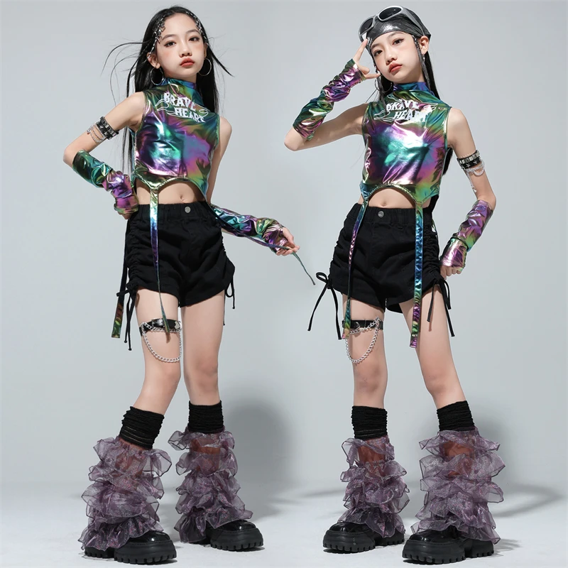 Hip Hop Danza Abbigliamento lucido Ragazze Cool Crop Top Hot Pant Bambini Jazz K-pop Sport Palcoscenico Streetwear Passerella Costumi Imposta Abiti