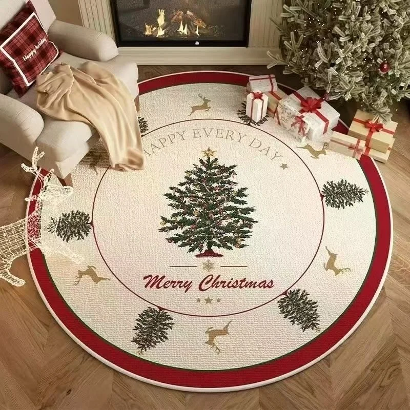VIKAMA Round Christmas Floor Mat Holly Wreath Golden Reindeer Bell Red Border Print Non Slip Mat For Living Room Bedroom Decor
