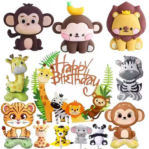 1pcs Jungle Party Cake Topper Safari Animals Figures Toys Picks Wild Jungle Animals Theme Baby Shower Happy Birthday Cake Decor