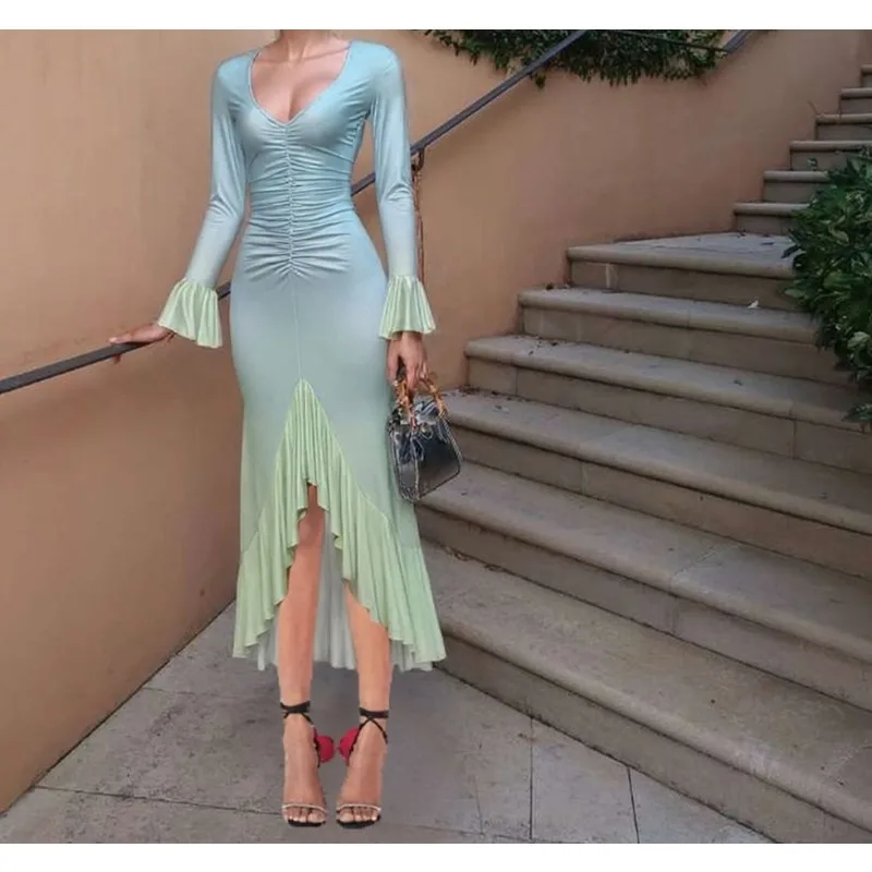 Gradual Change Blue Pleated Design Ruffle Edge Long Sleeve Dress Women