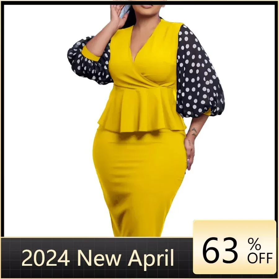 

African Dresses for Women 2024 Summer African 3/4 Sleeve Polyester Print Puff Sleeve V-neck Party Evening Bodycon Dress S-3XL