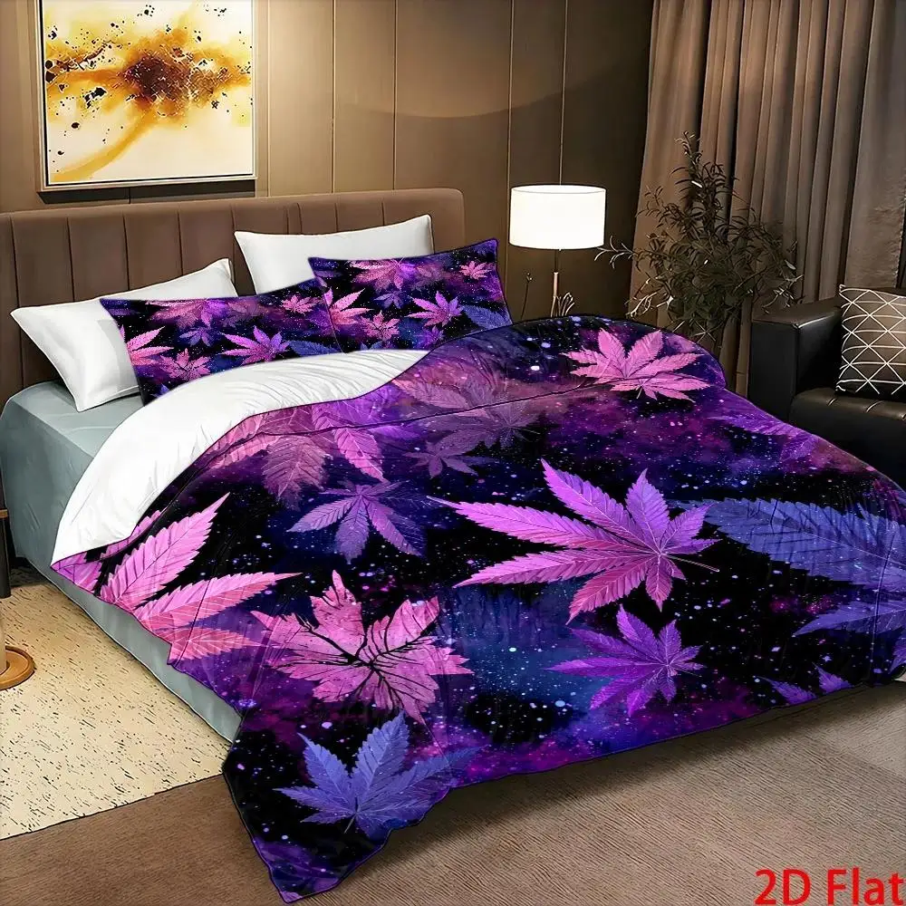 3Pcs Duvet Cover Set, 1 Duvet Cover + 2 Pillowcases, No Filler, 2D Flat Printing, Purple Maple Leaf Theme, Abstract Art Style,