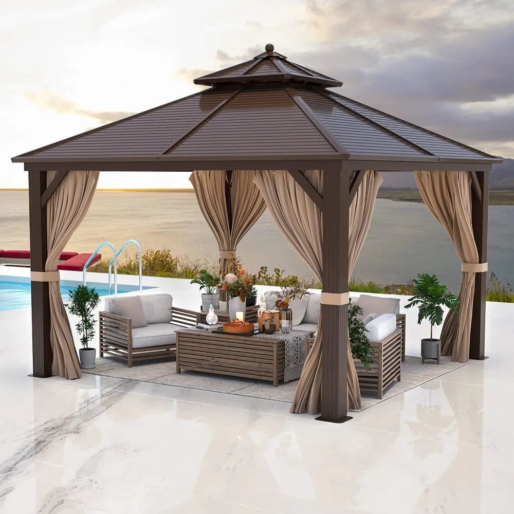 

12'x12' Hardtop Gazebo with Galvanized Steel Double Roof, Pergolas Aluminum Frame, Netting and Curtains Included, Metal Outdoor