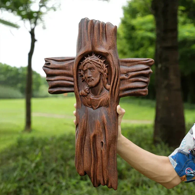 Vintage Wooden Carving Cross Thorn Head Jesus Home Living Ornaments Crafts