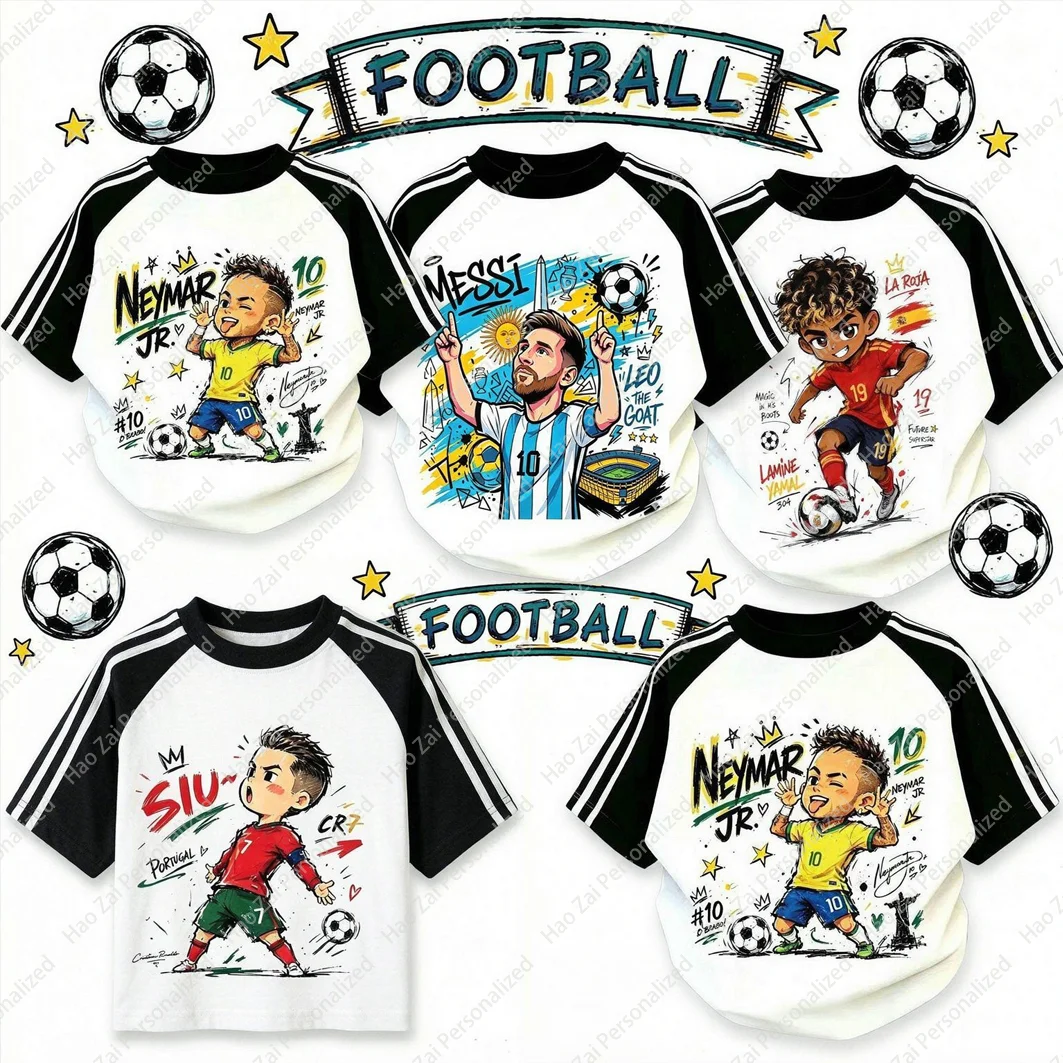Children's and Adult Sizes 100% Cotton, Cartoon Print Messi Cristiano Ronaldo Yamal Neymar Soccer Casual T-Shirts/Soccer Jerseys