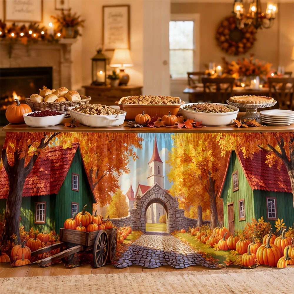 Autumn Village Scene Tablecloth - Polyester Country Style - Attractive and Comfortable Harvest Theme