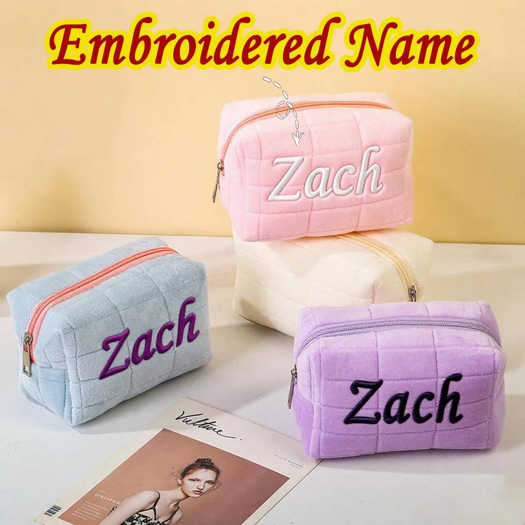 Custom Embroidered Name Plush Makeup Storage Bag - Soft Portable Travel Toiletry Wash Bag Perfect For Birthday Gifts & Daily Use