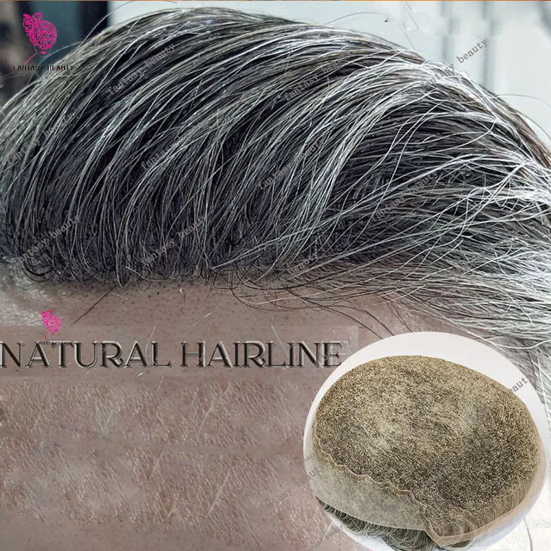 Peluca de cabello humano para hombre, cabellera Natural cómoda Q6, encaje transpirable y pU, color rubio y gris, 1B40, sistema alternativo de reparación barato y duradero