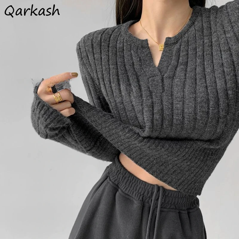 

Chic Solid Waisted V-neck Knitted Pullovers Women Fashion Simple Ribbed Slim Basic Short Tops Ladies Elegant All-match Knitwear