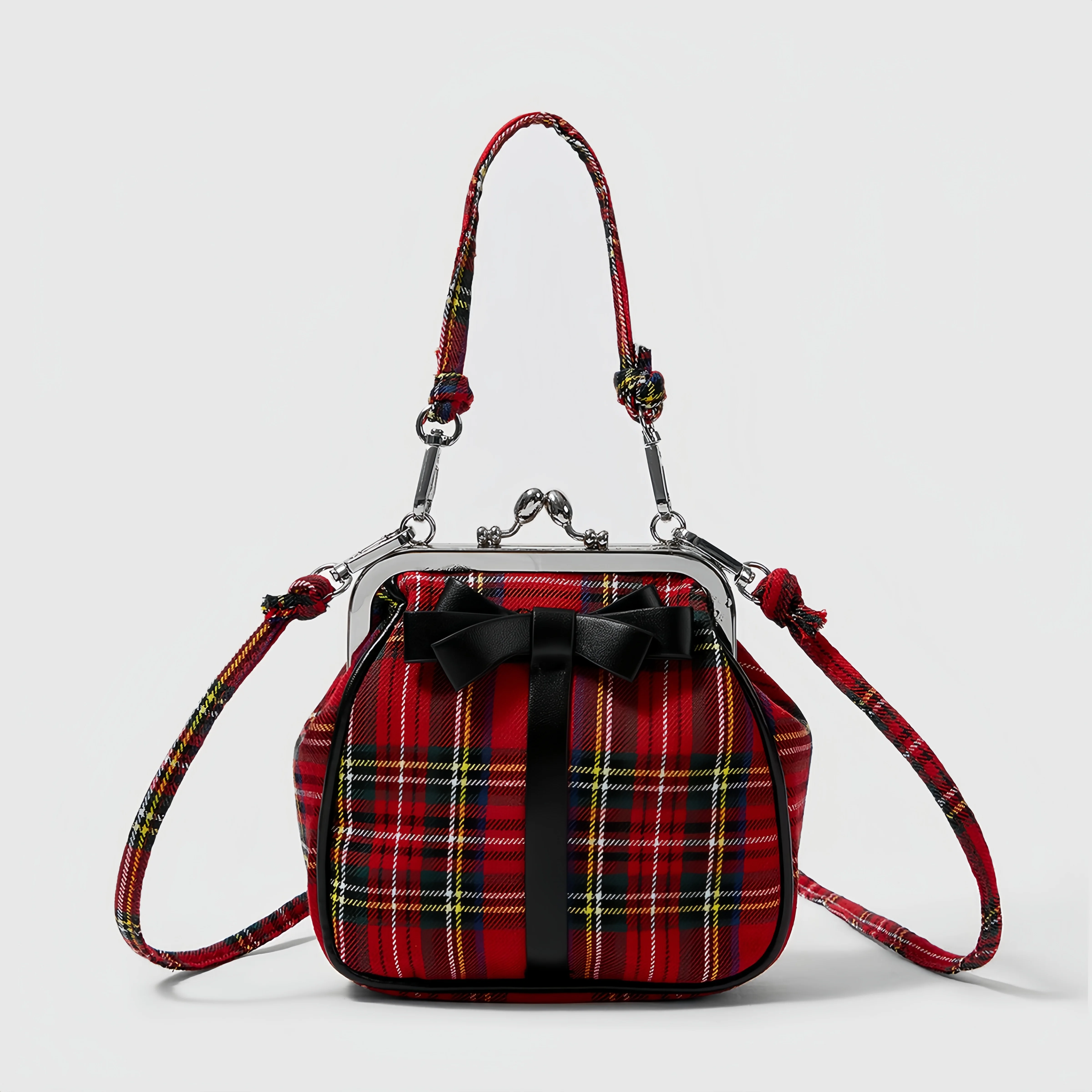 

Винтажная британская сумка в красную клетку, французская черная сумка с бантом и застежкой, элегантная сумка через плечо для свиданий, вечеринок и фотосессий