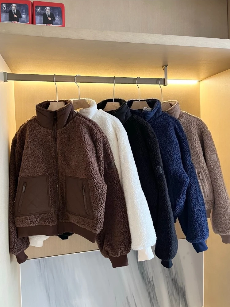 2026 Lamb Wool Winter Jacket Women Al Black Stand Collar Warm Jackets for Women Fashion Thickened Solid Color Loose Coat Women