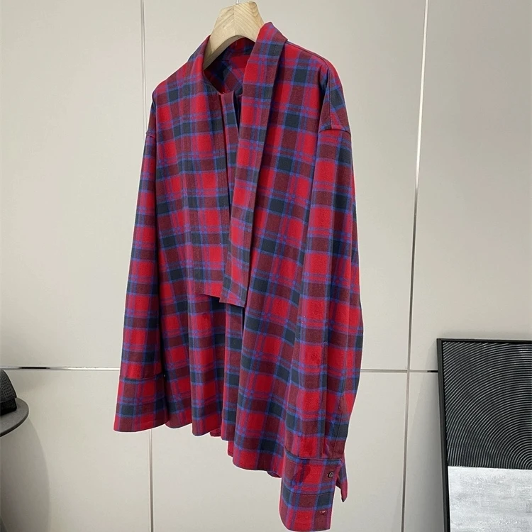 

Женская весенняя модная рубашка Gao Round с длинным рукавом, из чистого хлопка, в клетку, с поясом, повседневная, свободного кроя, дышащая