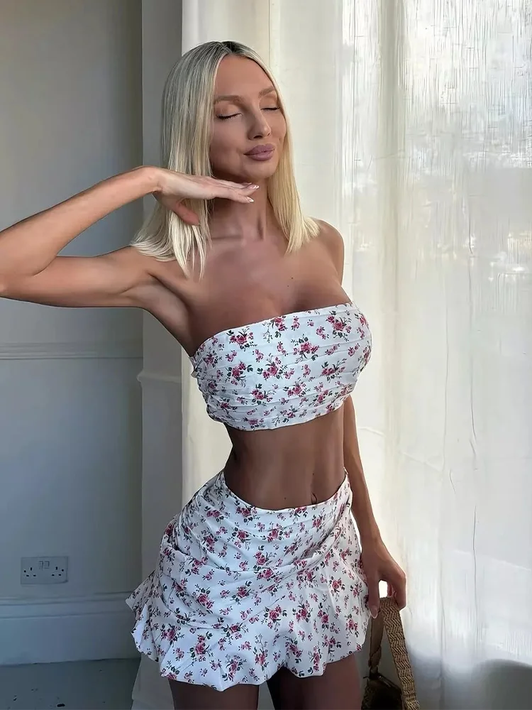 Stylish Women's 2-Piece Strapless Printed Suit Set