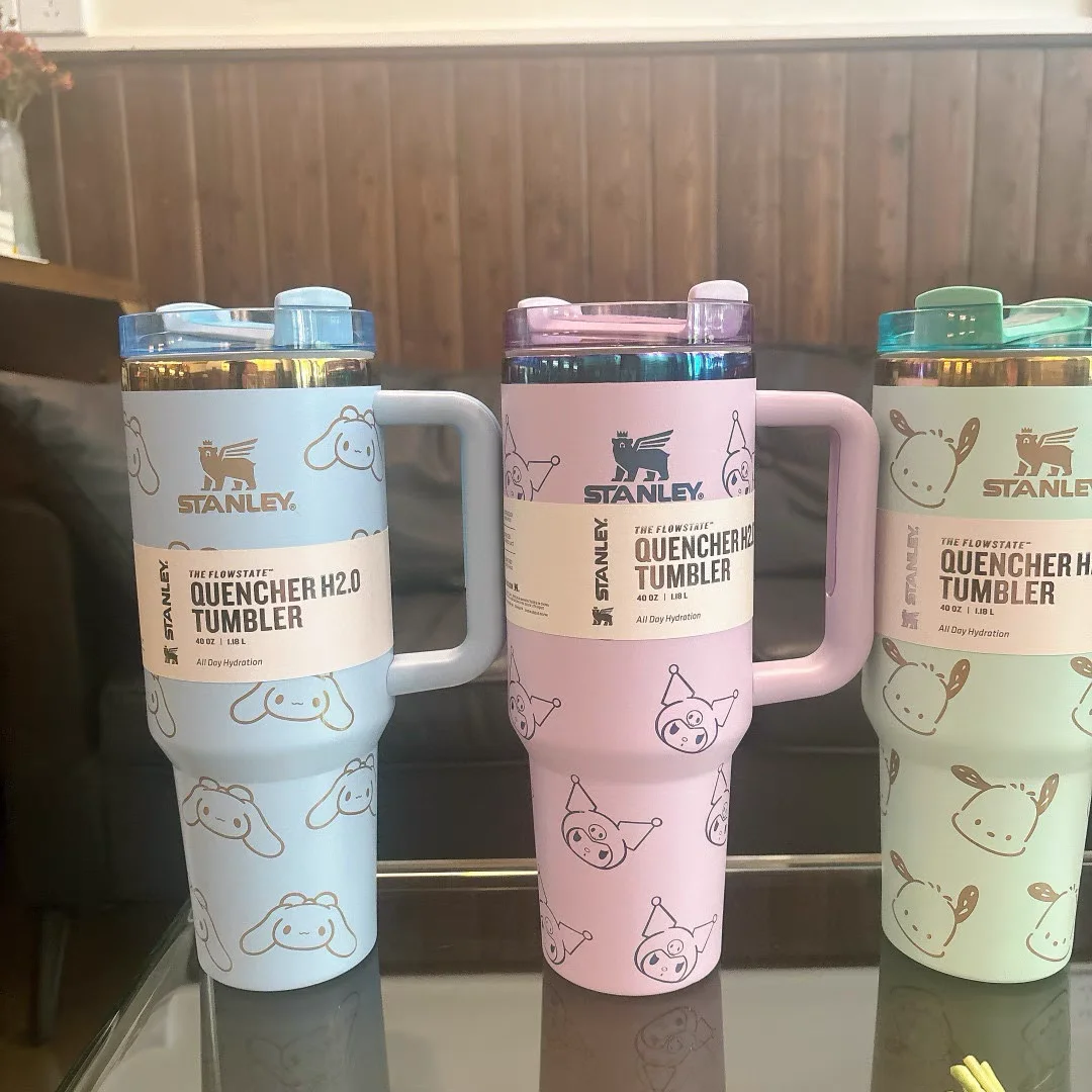 Hello Kitty Stainless Steel 40oz 304portable Car Mug Kuromi Stanley Sanrio Cup Handle Straw Lid Travel Coffee Cup Student Birthd