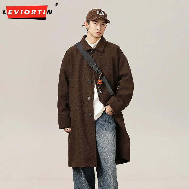 Texture Double-sided Woolen Coat Men Autumn Knee Length Windproof Thick Collar Jacket Korean Male Loose Classic Woolen Overcoat