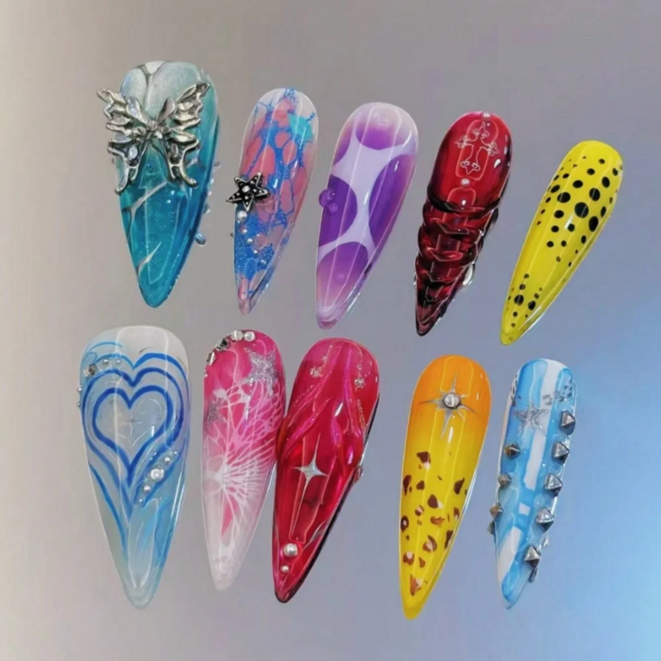 10 pièces de faux ongles longs en forme d'amande pressés à la main, magnifiques faux ongles, couleur néon dopamine, adaptés aux femmes