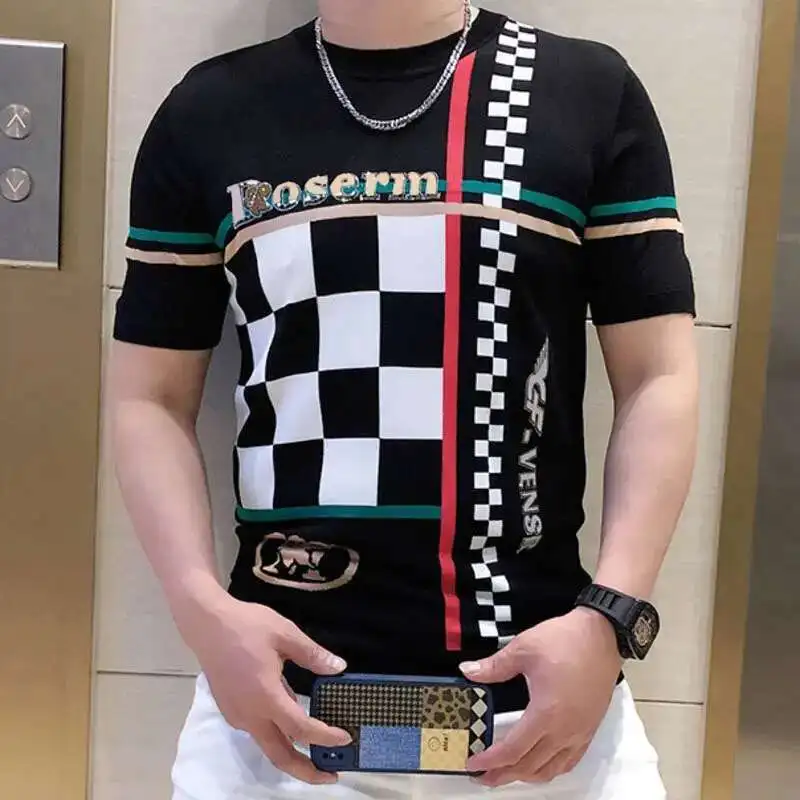 2022 High Quality Knitting Lattice Jacquard Men\'s T-Shirt Fashion Hot Drill Slim Fit Round Neck Knitting Short Sleeve Tee Shirts