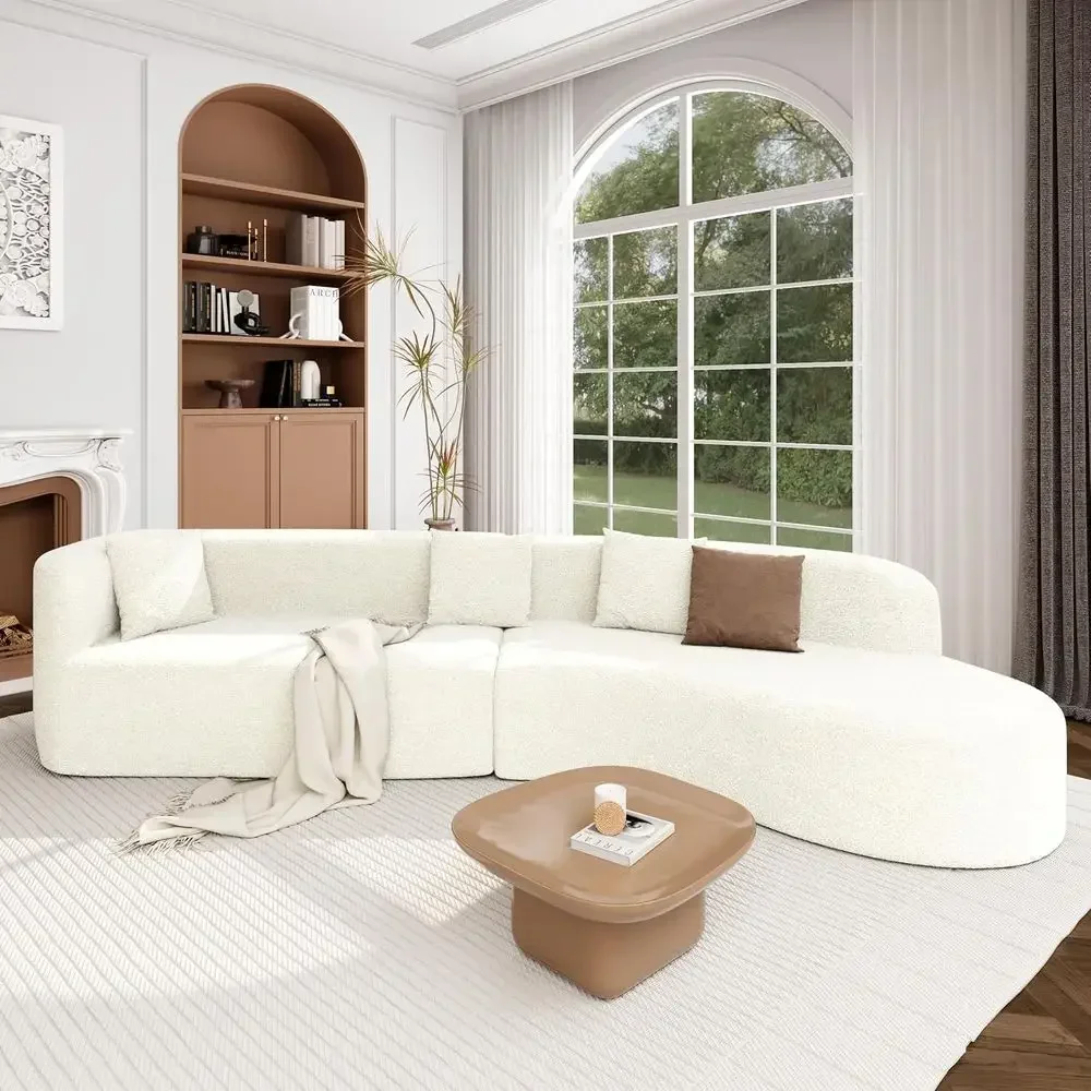 Large 2-Piece Curved Chenille Sofa Set with 3 Pillows, High-Density Foam, Suitable for Living Room or Bedroom, White
