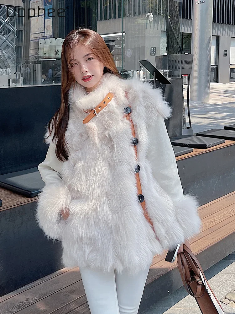 Fashion Color Contrast Faux Fox Fur Fur Coat for Women Winter Mid-Length Stand Collar Long Sleeve Double-Sided Wear Parka Female