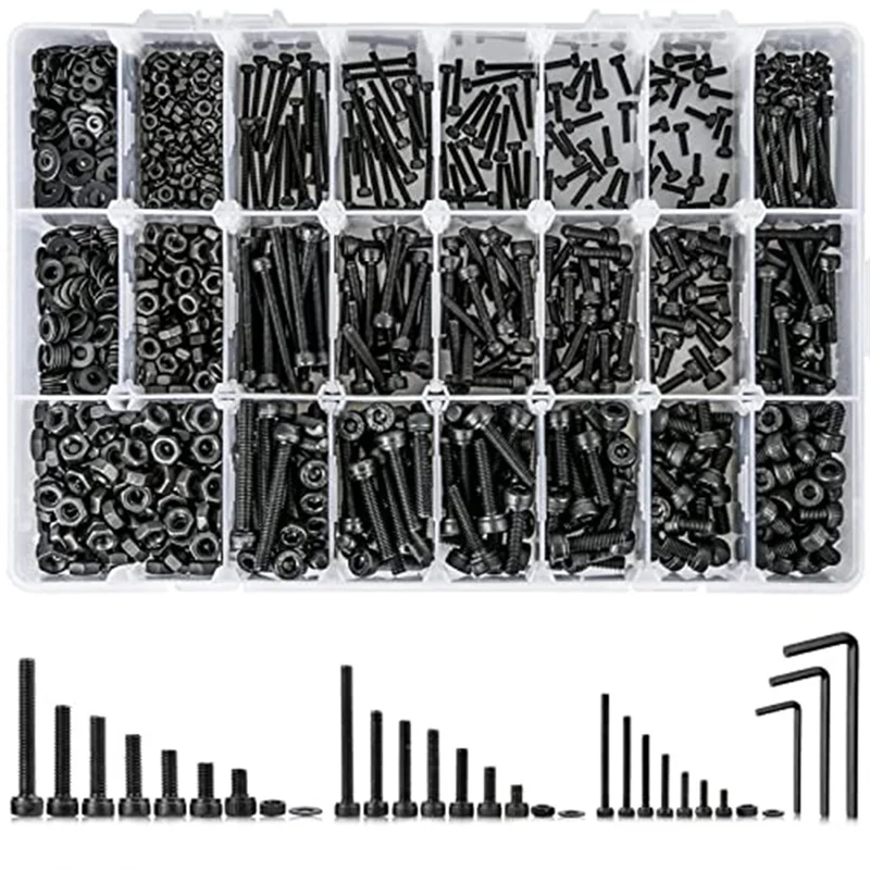 J1UL1N 1260PCS Metric Bolt Assortment M2 M4, 21 Sizes Screws Nuts And Hex Socket Head Cap Machine Kit Black