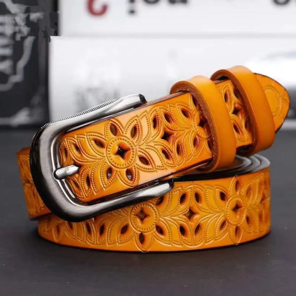 Correa de hebilla de Pin Vintage para mujer, cinturón hueco de cuero, banda para la cintura
