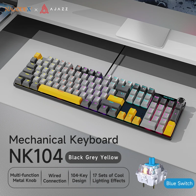 AJAZZ NK104 Mechanisch toetsenbord Bedraad toetsenbord met dubbele injectie 104 Hot-Swapping LED Hybride Backlight Gamer-toetsenbord voor laptop PC