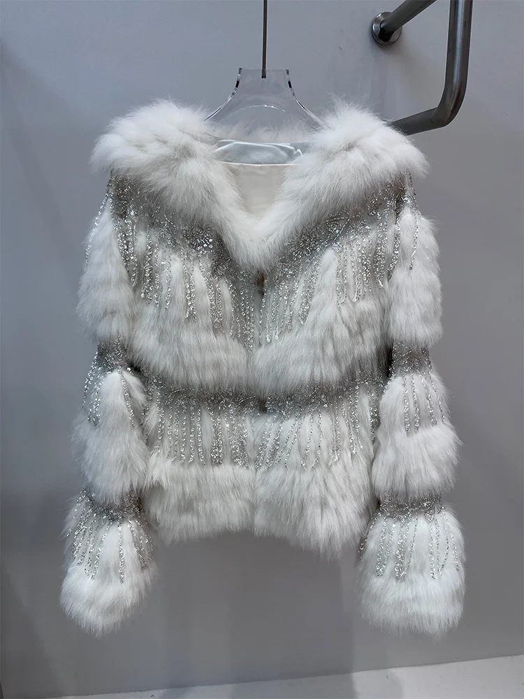 

2025 Fashion Winter New Real Natural Fox Fur Strip Sewed Toghter Tassel Style Thin Fur Coats Luxury Fluffy Thick Warm Jackets