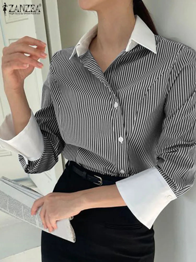 ZANZEA Fashion Tops Woman Stripe Patchwork Shirt Autumn Long Sleeve V-Neck Blusas Casual Party Shirts Vintage Button Up Chemise