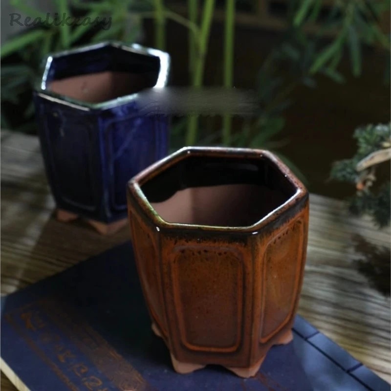 

Creative Glazed Ceramic Succulent Small Flower Pot Chinese Style Hexagonal Breathable Green Plant Bonsai Pot Home Decor LF457