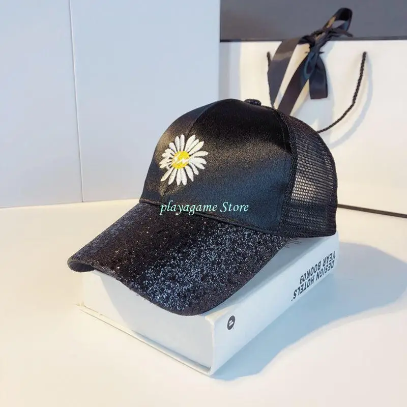 Y88A Dames Mesh Back Pailletten Vizier Baseball Cap Letter Borduren voor