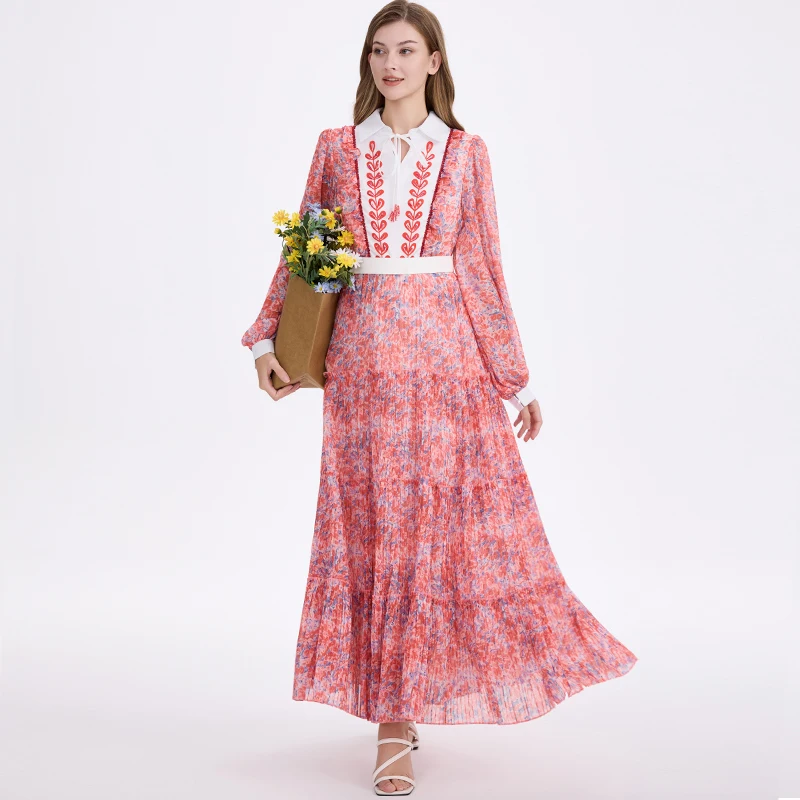 2025 New Arrives Chiffon Long Sleeve Floral Print Holiday Dress Boho Women Beach Party Pink Maxi Dress Elegant Vestidos Robe