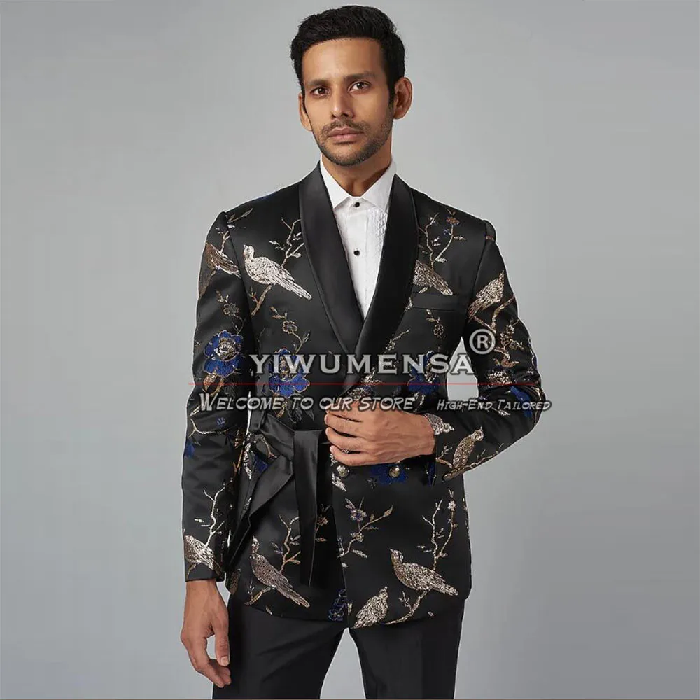 Business Suits Men Double Breasted Jacket Pants 2 Pieces Groom Wedding Tuxedo Tailor-made Floral Print Prom Blazer Male Clothing