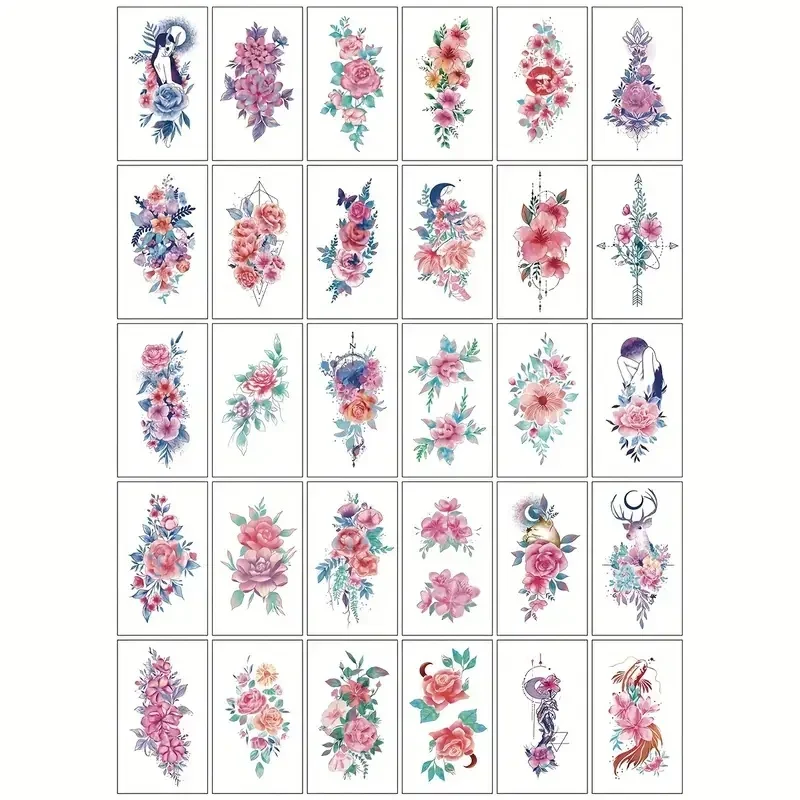 30pcs/set Fake Tattoos Stickers for Girls Women Female Body Art Back Neck Breasts Big Flowers Leaves Waterproof Temporary Tattoo