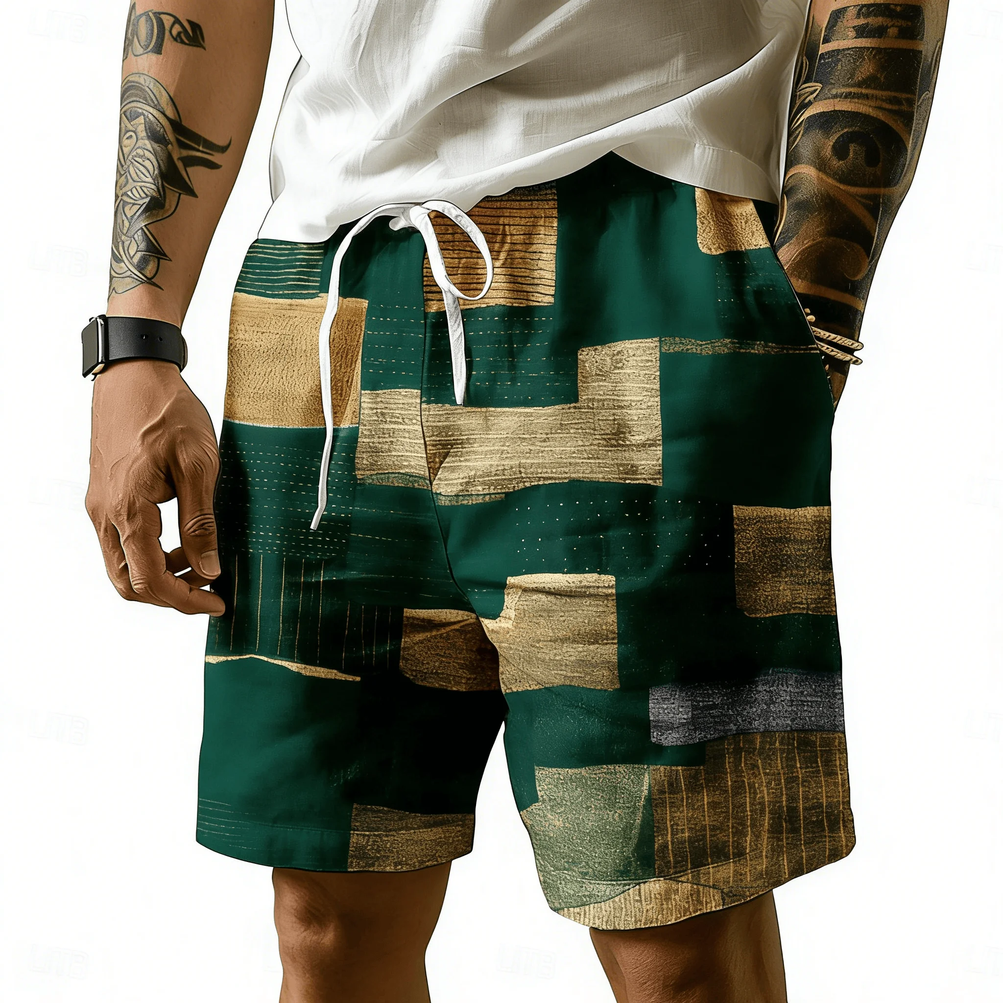 Men's Geometric Stripe Patchwork Print Drawstring Shorts, Spring Summer Minimalist Streetwear Casual Shorts, Loose Beach Shorts