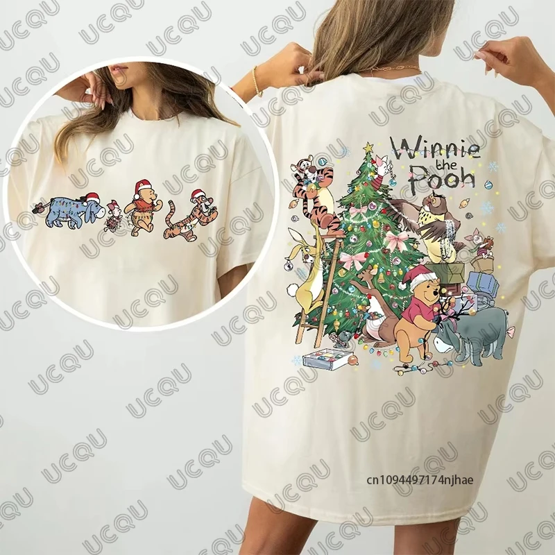 Disney pooh e amigos árvore de natal impressão camiseta de algodão para mulheres verão manga curta o pescoço vintage camisetas casuais unisex topos
