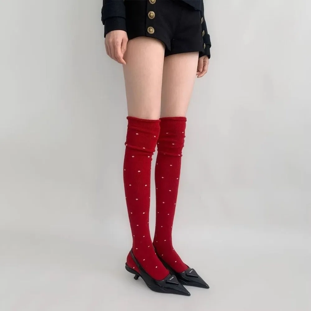 1 Pair Rolled Edge Polka Dot Socks Thickened No Slipping Elastic Over Knee Socks Slimming Fit Tight Mouth Design
