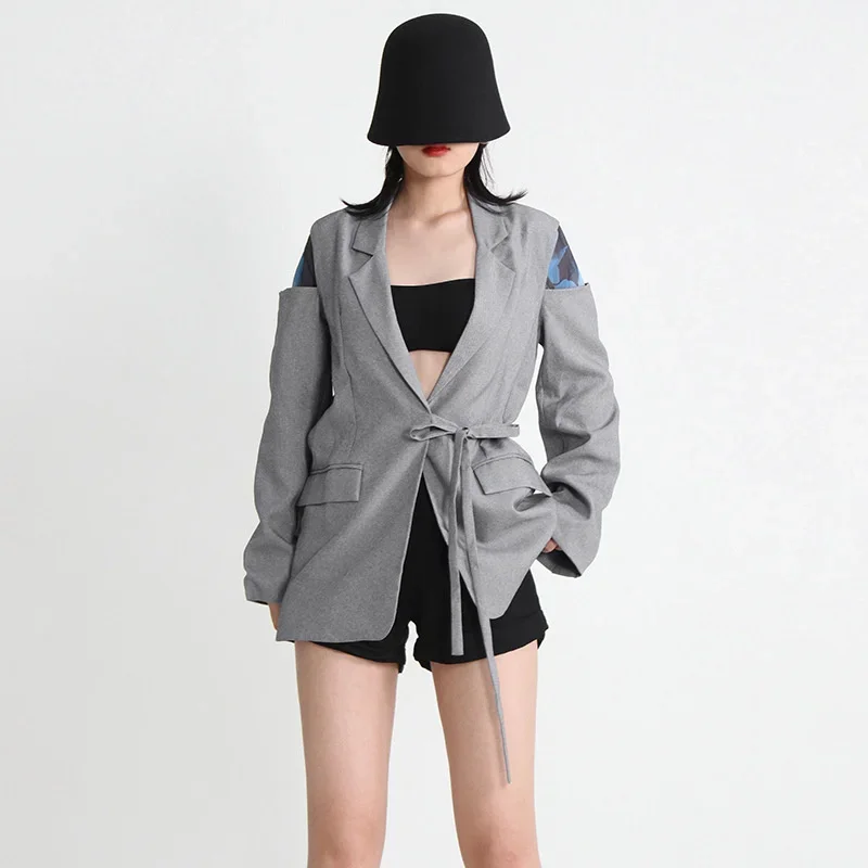 

QNPQYX New Streetwear Long Sleeve Hit Color Autumn Blazer Women Notched Collar Patchwork Lace Up Loose Coats Fashion Clothes